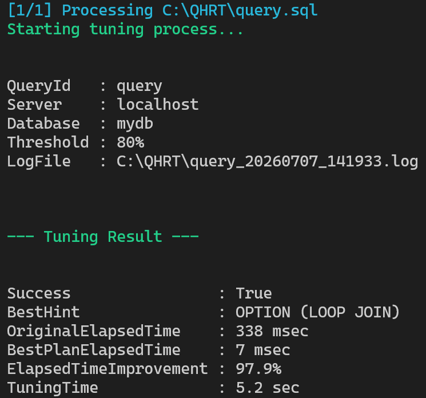 Screenshot of output from programmatic execution of QHRT