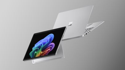 stylized Surface Pro and Surface Laptop floating