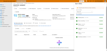 Sync status pane in the Microsoft Intune admin center for a Windows device. Six stages show a green checkmark with timestamps: Notifying device, Device connecting, Policies (3 of 3 succeeded), Applications (2 offered), Scripts (1 offered), and Calculating compliance (Compliant).