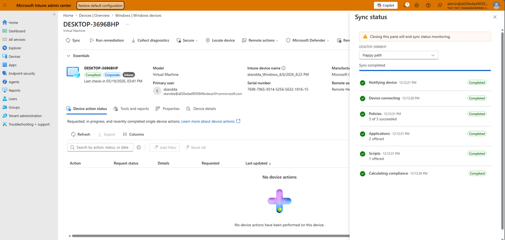 Sync status pane in the Microsoft Intune admin center for a Windows device. Six stages show a green checkmark with timestamps: Notifying device, Device connecting, Policies (3 of 3 succeeded), Applications (2 offered), Scripts (1 offered), and Calculating compliance (Compliant).