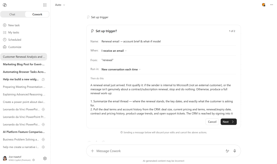 Screenshot of Cowork showing an event-triggered task being defined in plain language