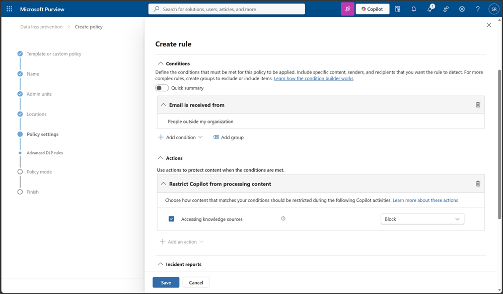 Microsoft Purview Data Loss Prevention to restrict external emails from being referenced