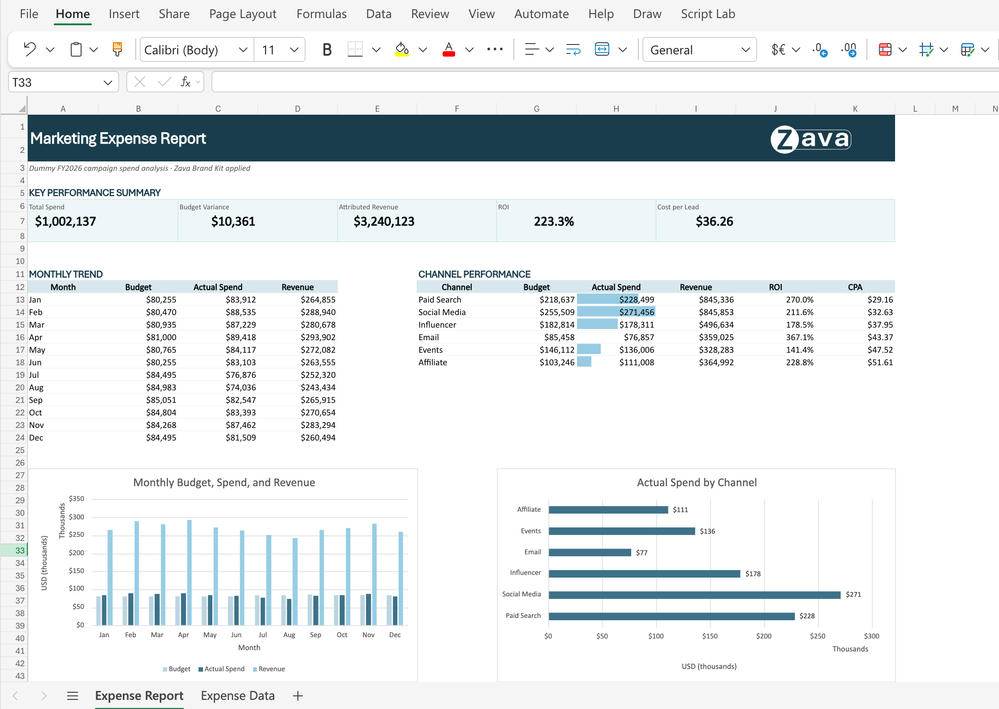 Copilot in Excel applies an organization’s brand kit, including approved colors, fonts, and logo, to format a workbook.