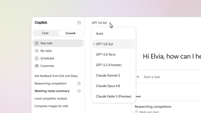 A Copilot app window with the drop down menu of models.