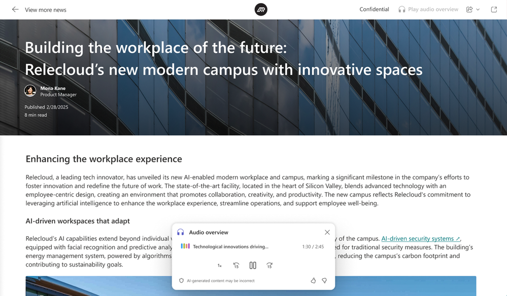 An immersive employee news experience featuring AI-generated audio summaries for content consumption.