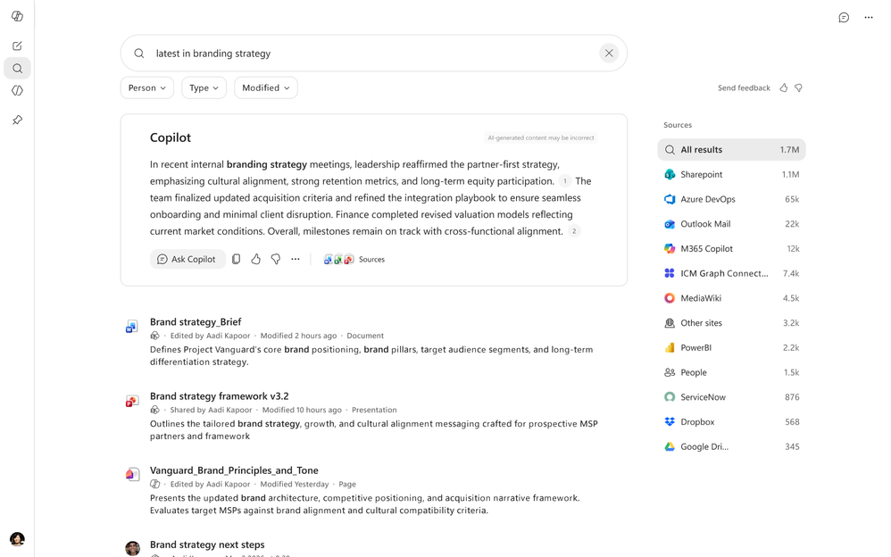 A Copilot app on the Search module with multiple sources listed on the right side.