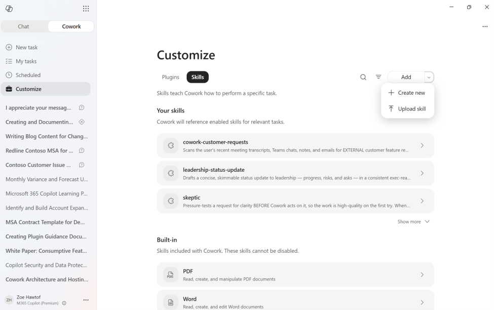 Screenshot of the Cowork Customize tab showing options to Create new or Upload a skill and manage plugins