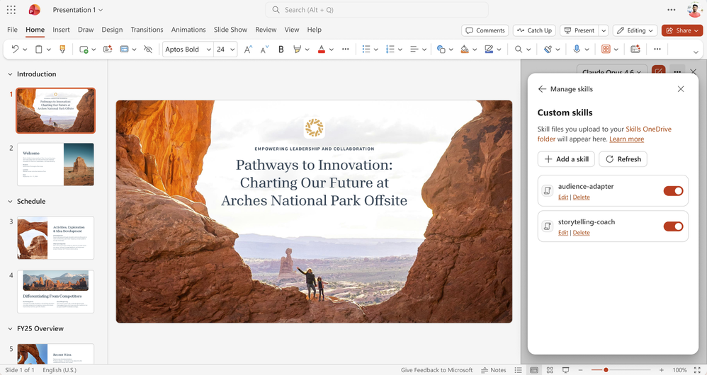 A PowerPoint presentation with a Copilot chat opened and Custom skills are being created and used.