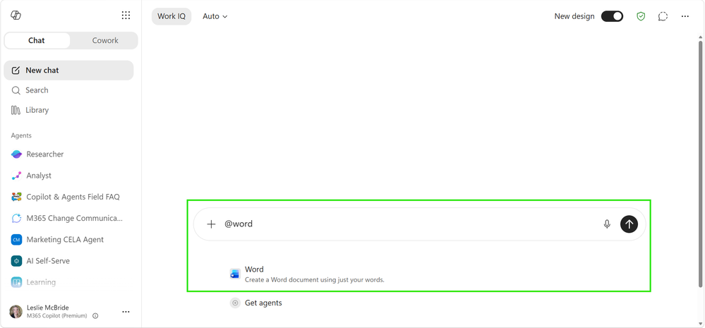 A screenshot of the Copilot app with the Word agent @mentioned in the prompt window and the option to select the Word agent.