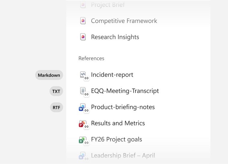 Screen shows Markdown, TXT, and RTF files added as a reference to a Copilot Notebook.