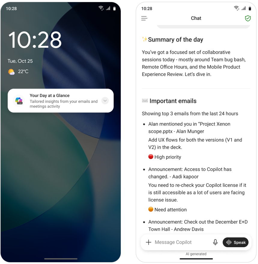 Screenshot of a “Your day at a glance” push notification from Copilot on a mobile device, and the response that user will see in the Copilot app after opening the notification.