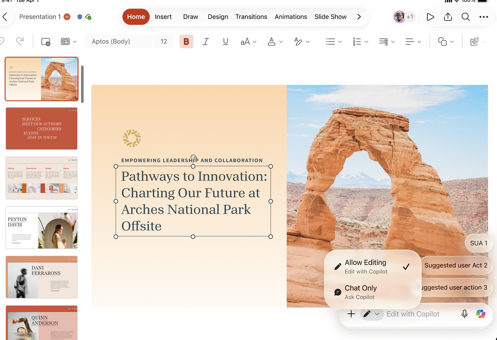 A PowerPoint presentation where a user is editing with Copilot using their iPad.