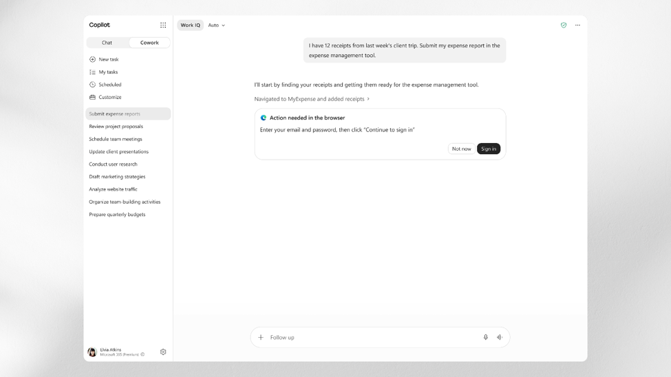 A Copilot chat with the Cowork toggle on and a prompt asking for the user to add their email and password for the browser.