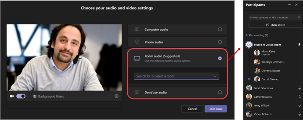 la schermata di configurazione audio e video, che mostra le opzioni audio suggerite in base alla vicinanza alle apparecchiature disponibili.