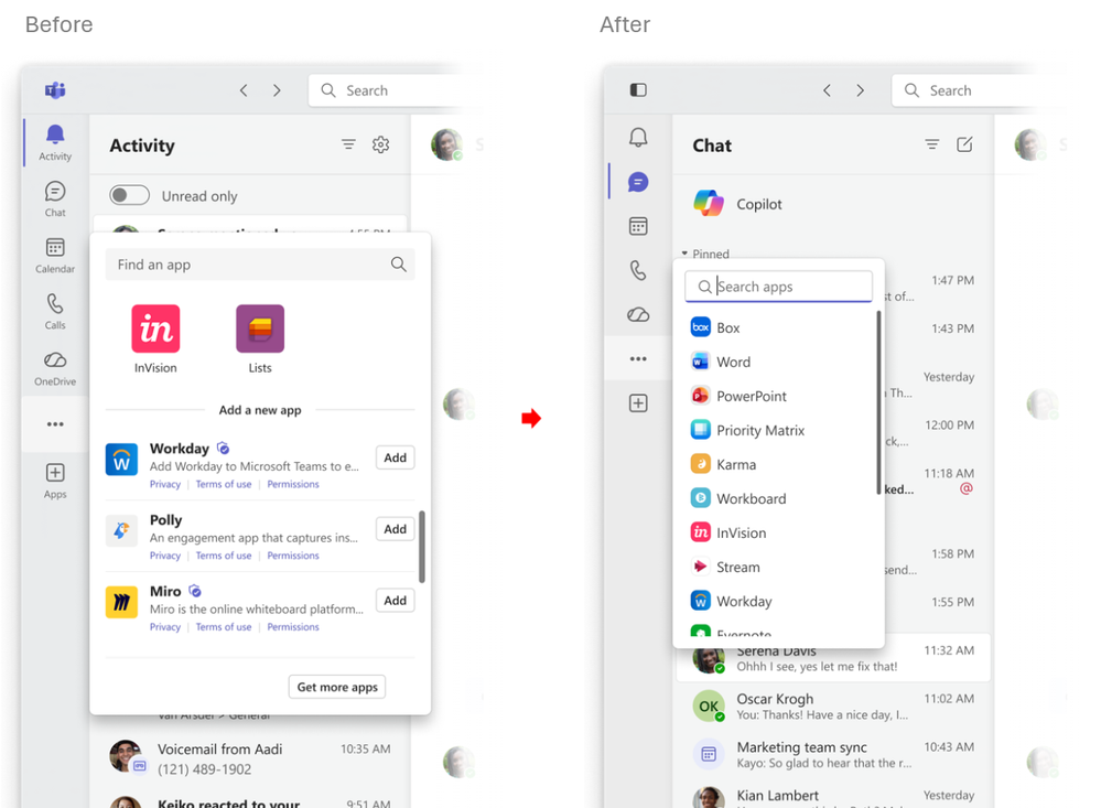 La visualizzazione aggiornata in "Visualizza altre app" nella finestra di chat di Teams.