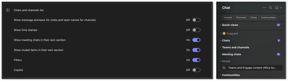 Le opzioni di selezione per Organizzazione migliorata per chat silenziate e riunioni in Teams e l'elenco chat aggiornato in Teams