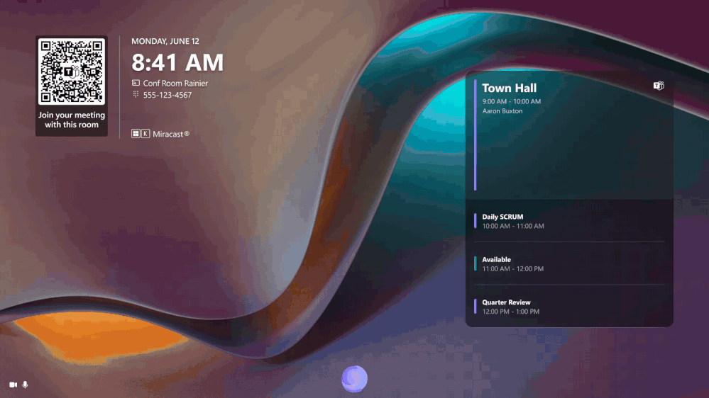 L'interfaccia utente di Teams Rooms mostra un agente Facilitatore che interagisce con i partecipanti a una riunione in presenza, aiutandoli a trovare uno spazio alternativo da utilizzare.
