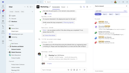 The Teams Chat window, showing the Advanced file discovery and filters in Teams Find in chat and channels