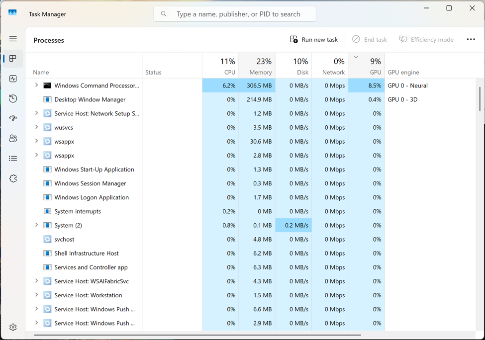 The GPU Neural engine shows usage from an AI-enabled application in the top row.