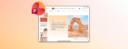 Screenshot of Microsoft 365 Copilot in PowerPoint for iPad on an orange background with the PowerPoint logo.