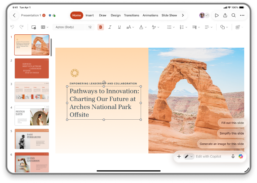 Screenshot of Microsoft 365 Copilot in PowerPoint for iPad.