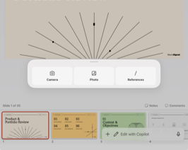 Screenshot of uploading photos or files in Copilot in PowerPoint for iPad.