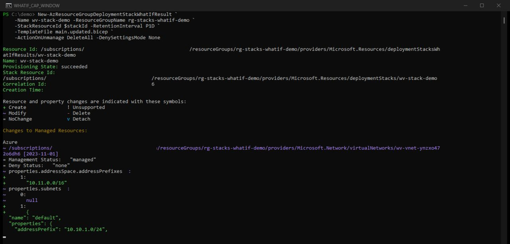 Terminal output from New-AzResourceGroupDeploymentStackWhatIfResult showing the Stacks What-If Resource ID, provisioning state, the symbol legend, and a virtual network with its property changes