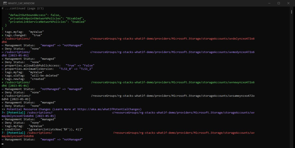 Stacks What-if output showing property level changes across several storage accounts, including tags added and removed and management status changing between managed and notManaged