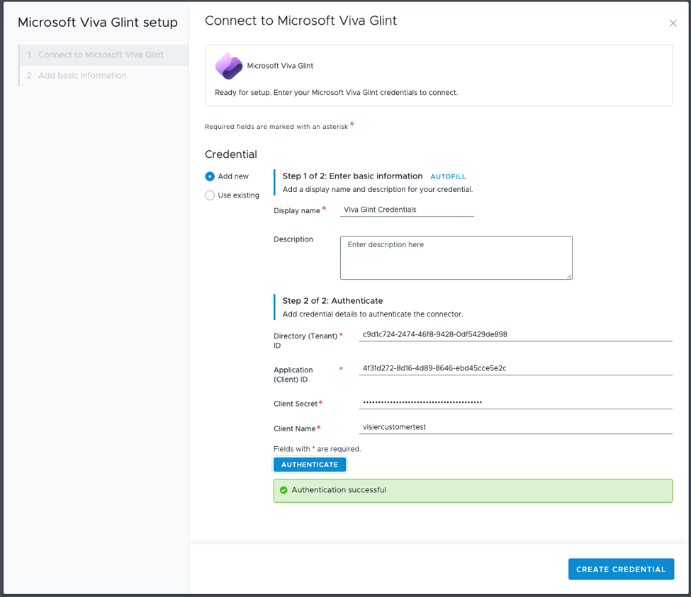 Configuring and authenticating the Microsoft Viva Glint connector in Visier.