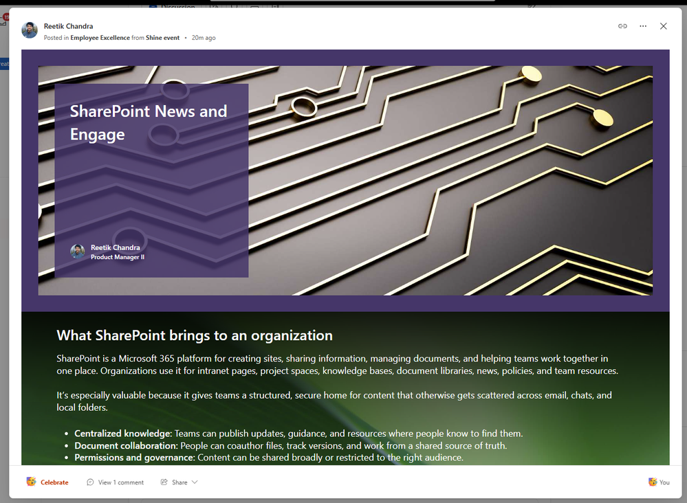 A SharePoint news post displayed with its full page layout in Viva Engage