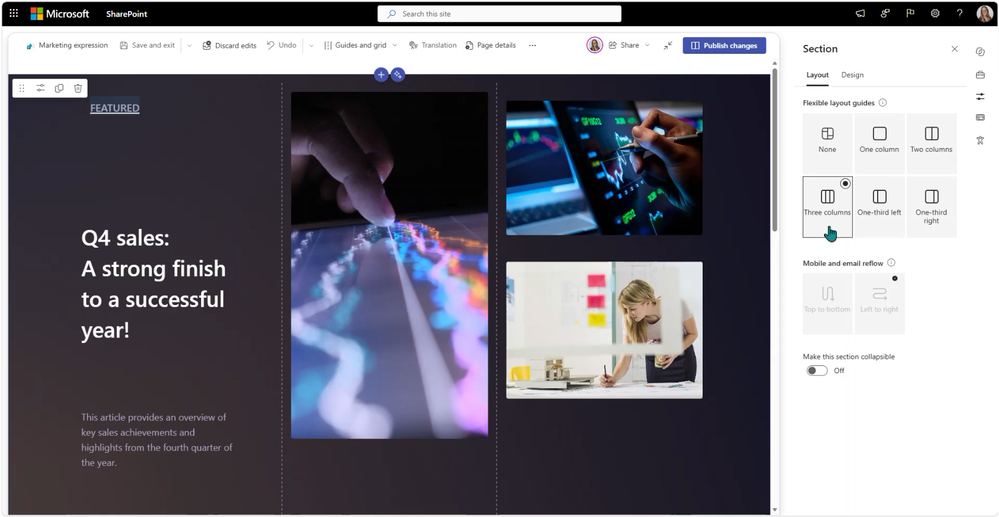 Column guides help an editor position web parts in a flexible SharePoint section