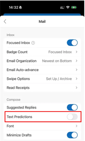 The Text Predictions toggle in Microsoft Outlook for mobile.