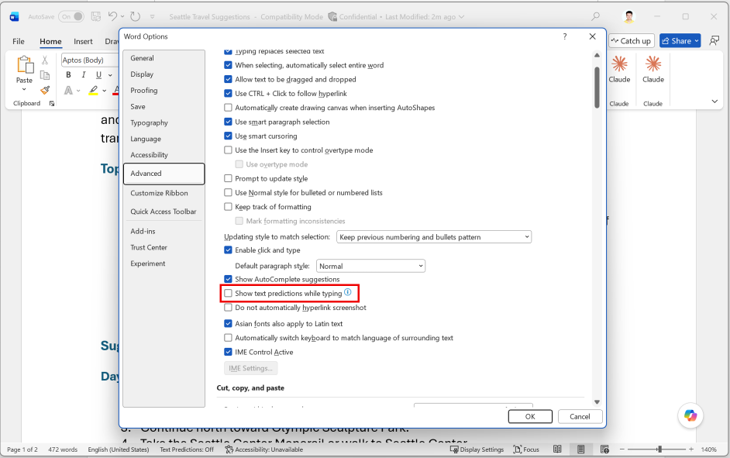 The Show text predictions while typing setting in Microsoft Word for desktop.