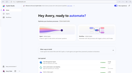 Screenshot of Copilot Studio home screen, showing the updated user experience powered by the GitHub Copilot harness