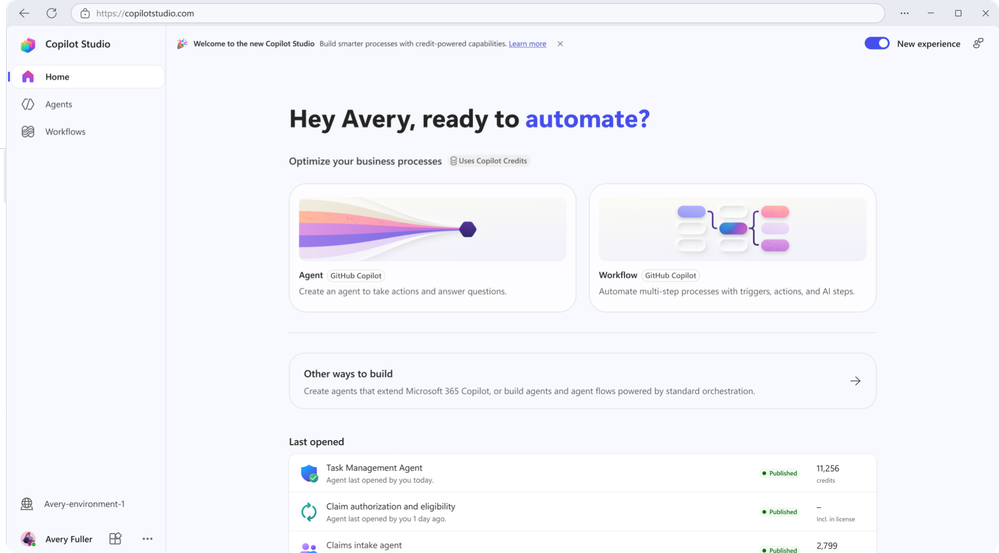 Screenshot of Copilot Studio home screen, showing the updated user experience powered by the GitHub Copilot harness