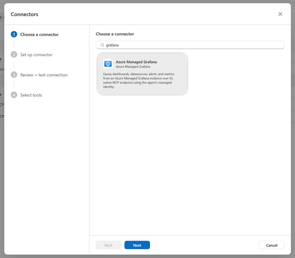 The connector picker in Azure SRE Agent: searching for 