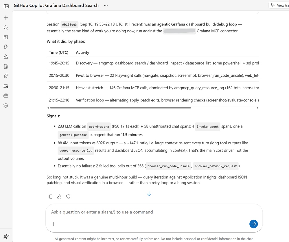 The answer from Azure SRE Agent for session 1: four phases, the token ratio, two failures, and the verdict 