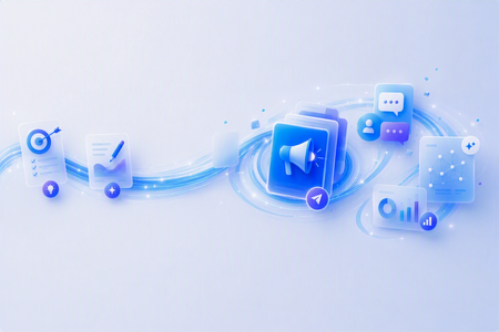 A swirling blue pathway with cards representing drafting, publishing, and measurement of communications