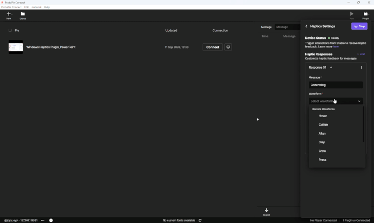 GIF demonstrating use of ProtoPie Haptics for Windows  plugin including walking thorugh the various wave forms and responses available through the interface.