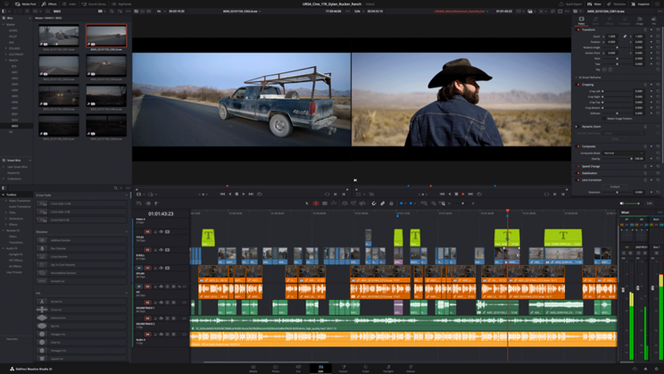 screenshot of DaVinci Resolve showing the editing timeline of a movie with a man in a cowboy hat