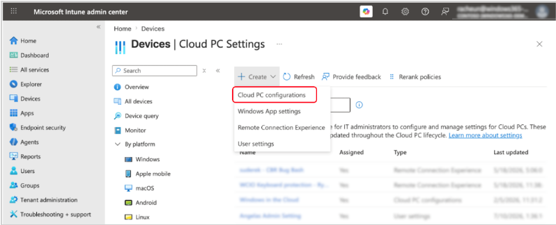 Screenshot that shows Cloud PC configurations in Intune.