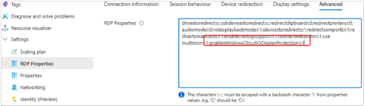 Screenshot of the RDP Properties Advanced tab showing the enableWindowsCloudIODisplayProtection property.