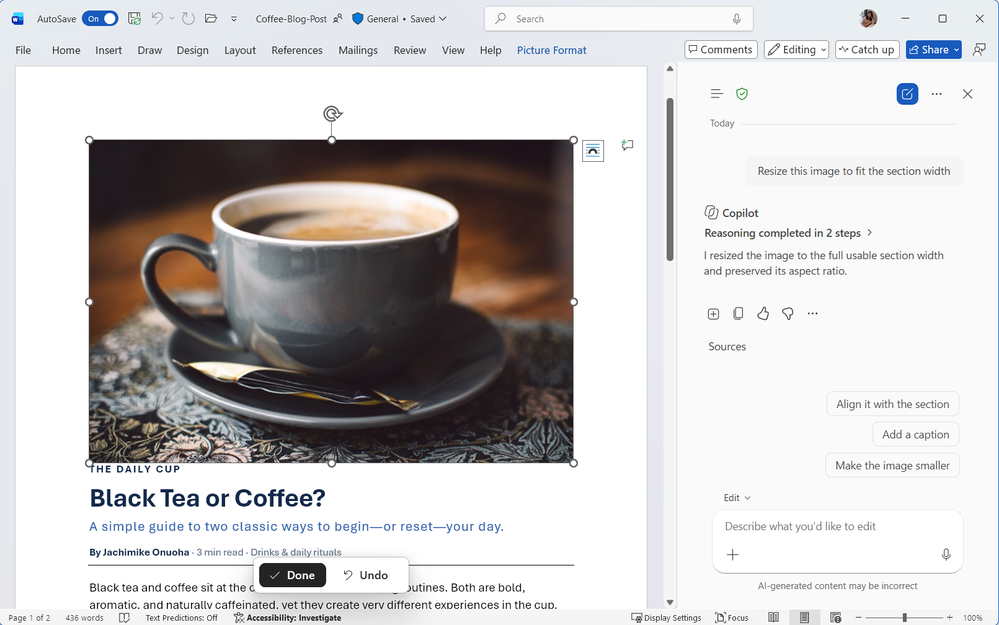 A Word document with an image of a coffee cup and a Copilot chat open with the instruction to resize the image.