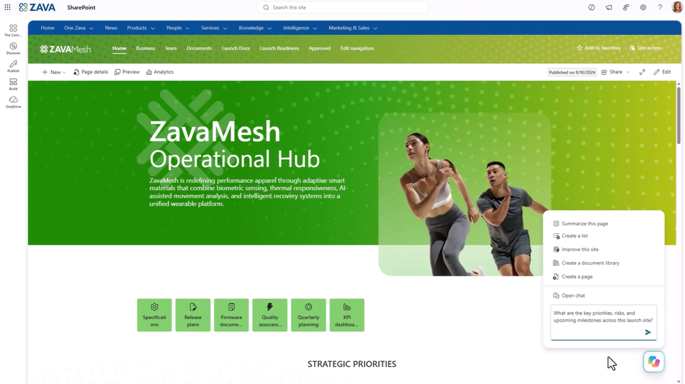 A SharePoint site with a Copilot prompt open.