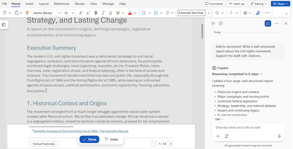 A Word document with a Copilot window open instructing to write a report with citations.