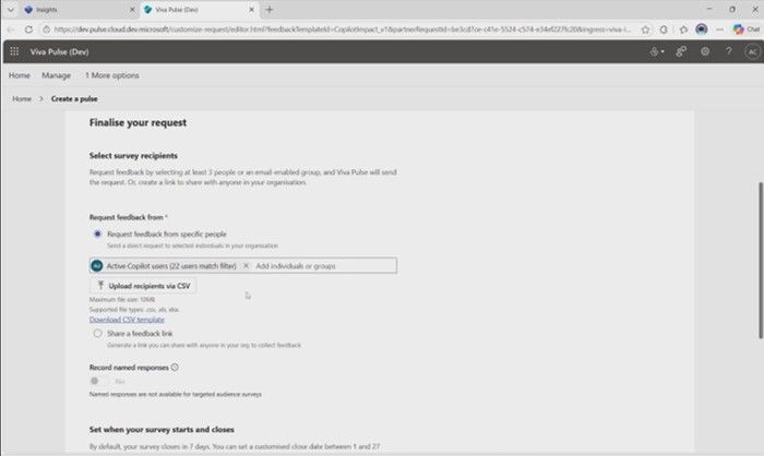 Screen shot in the Copilot Dashboard showing the survey request dialog, including recipient selection and targeted feedback requests.