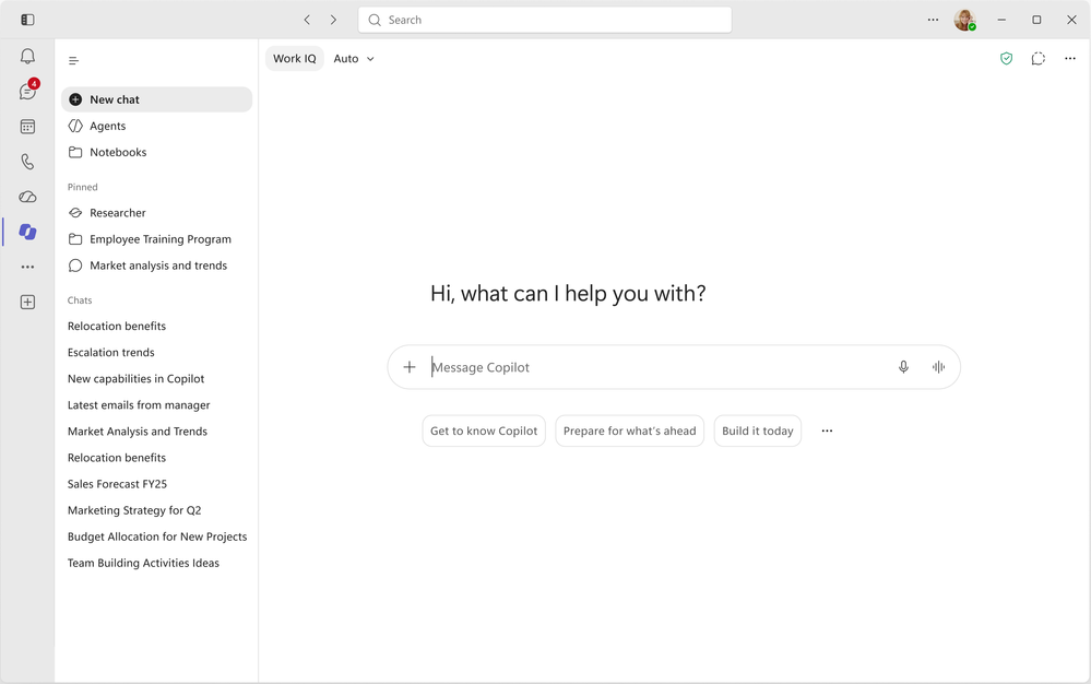 A screenshot of the Teams app on the Copilot tab showing the new design.