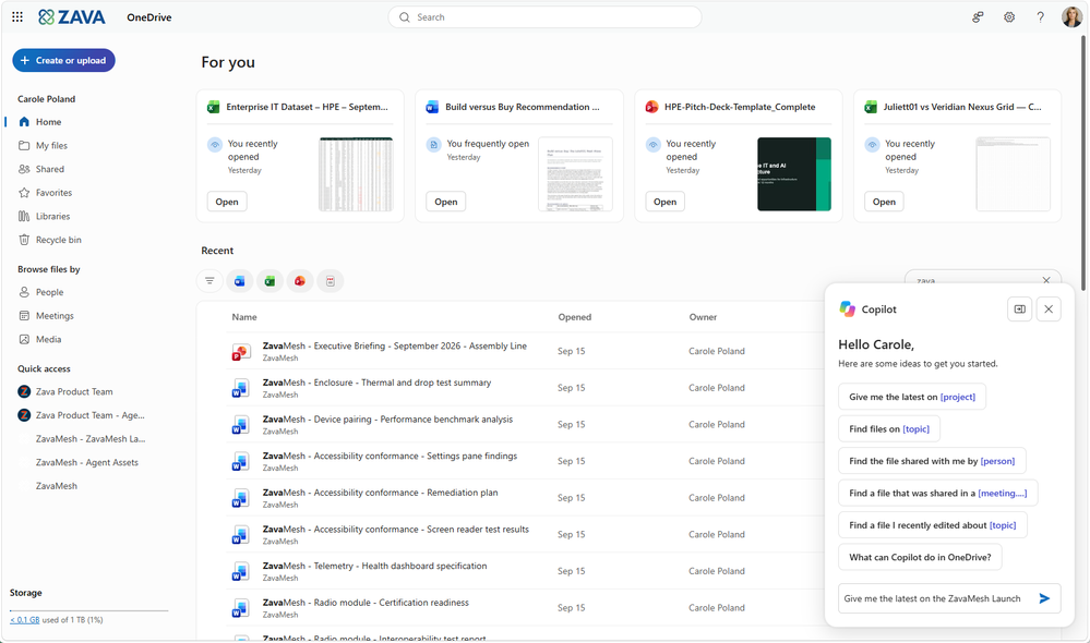 A OneDrive folder with a Copilot prompt open.