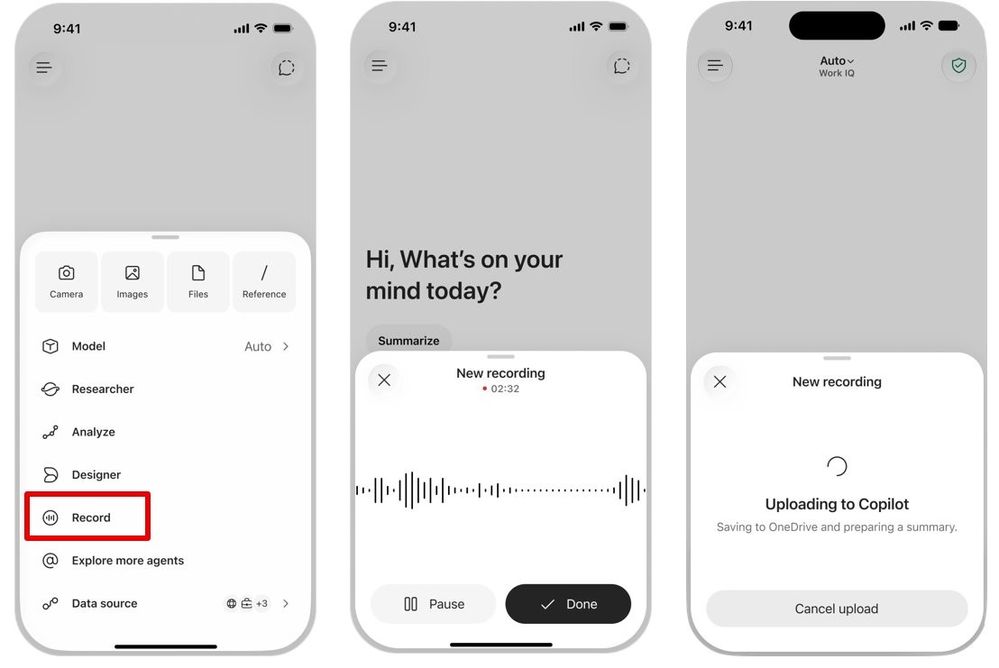 Mobile screens show Record in Copilot, recording audio and uploading to Copilot for summarization.