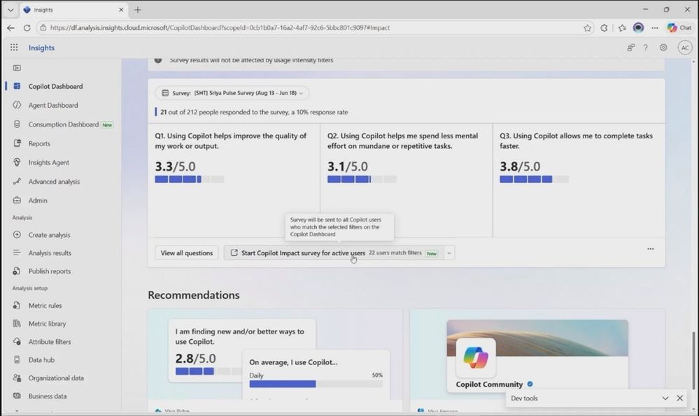 Screen shot in the Copilot Dashboard showing survey questions and responses.